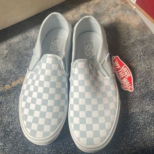 Vans Blue and White Slippers with Classic Checkerboard Design